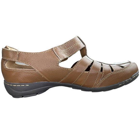 Bjorndal Womens Sz 10W Mary Janes Dark Tan Leather with Cutouts Strap Sandals - Picture 3 of 10